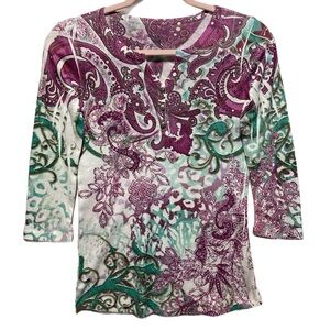 Style & Co Petite PS floral scroll pattern embellished henley vneck 11029
